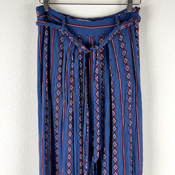 L'atiste Wide Leg Pants Womens Large Blue Size Zip Slit Waist Tie Boho Aztec - Picture 2 of 14